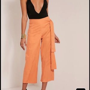 Orange wrap tie wide leg culottes